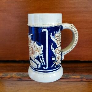 Antique Early 1900s Westerwald WW Germany Blue and Cream Pottery Beer Stein